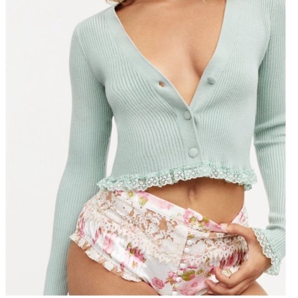 FOR LOVE AND LEMONS Mint Cropped Cardigan - Size Small - Picture 2 of 7